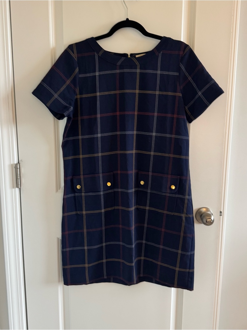 J. Crew Navy Plaid Short-Sleeve Shift Dress with Gold Buttons